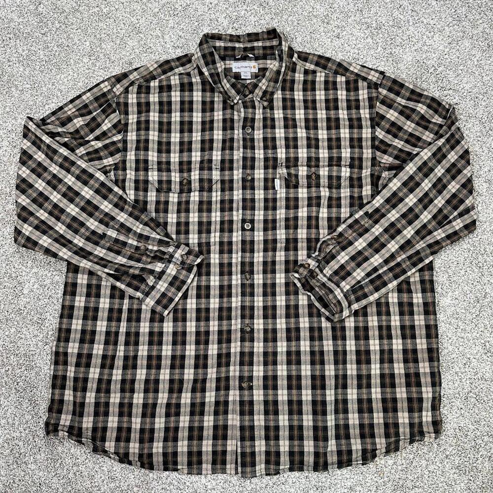 Carhartt Long Sleeve Button Shirt Men's 2XL Relaxed‎ Fit Brown White Plaid Hike - Picture 2 of 10